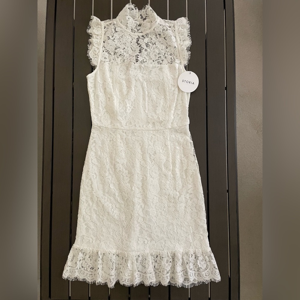 NWT STORIA LACE OVERLAY HIGH NECK RUFFLE DRESS!!